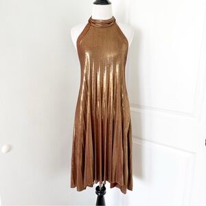 Vintage Semi Sheer Golden Brown Bronze Halter Halter Slinky Mini Dress - Small